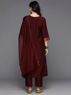 Indo Era Maroon Embroidered A-Line Kurta Trousers With Dupatta Set | Grocsy