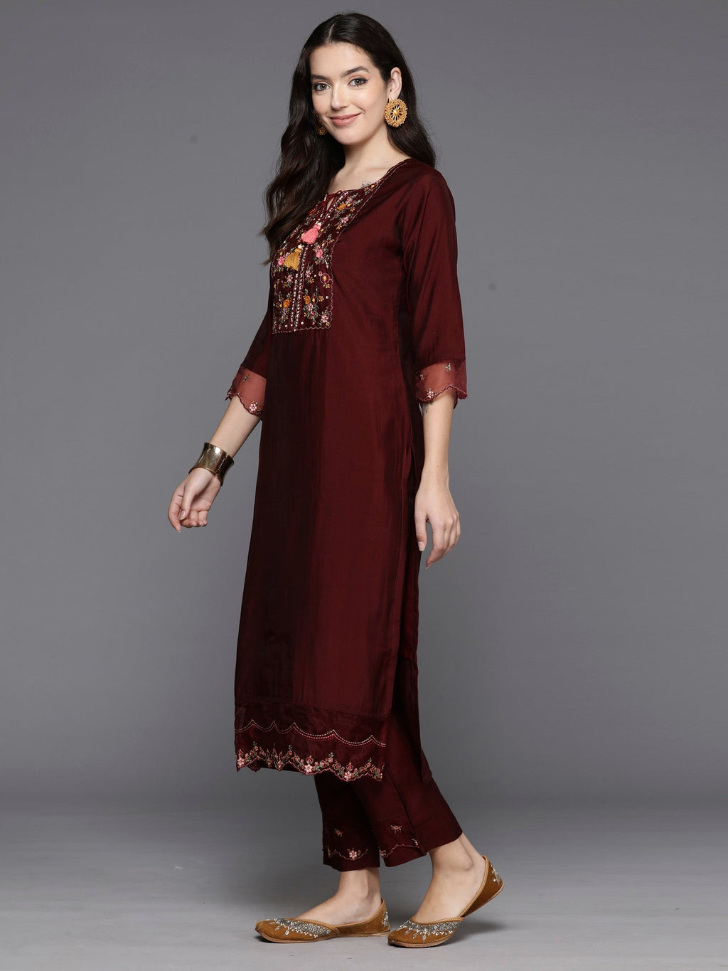 Indo Era Maroon Embroidered A-Line Kurta Trousers With Dupatta Set | Grocsy