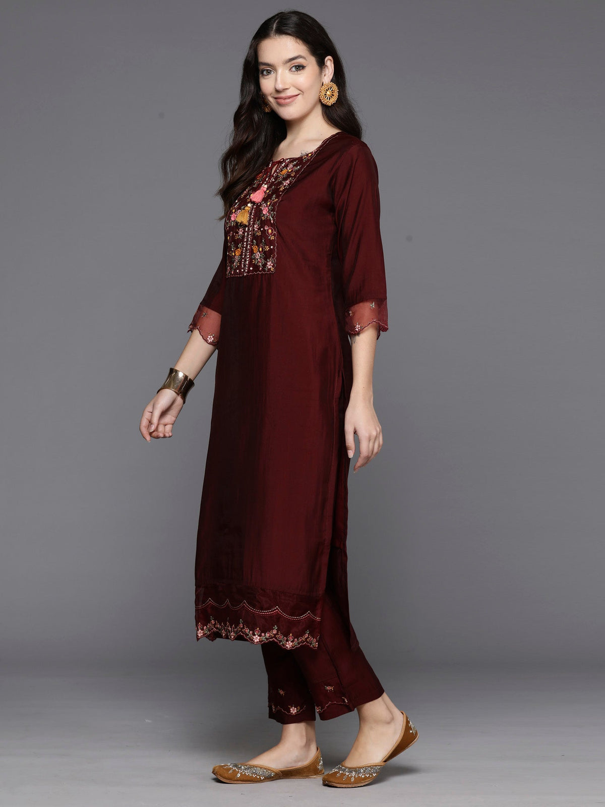 Indo Era Maroon Embroidered A-Line Kurta Trousers With Dupatta Set | Grocsy