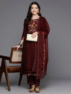 Indo Era Maroon Embroidered A-Line Kurta Trousers With Dupatta Set | Grocsy