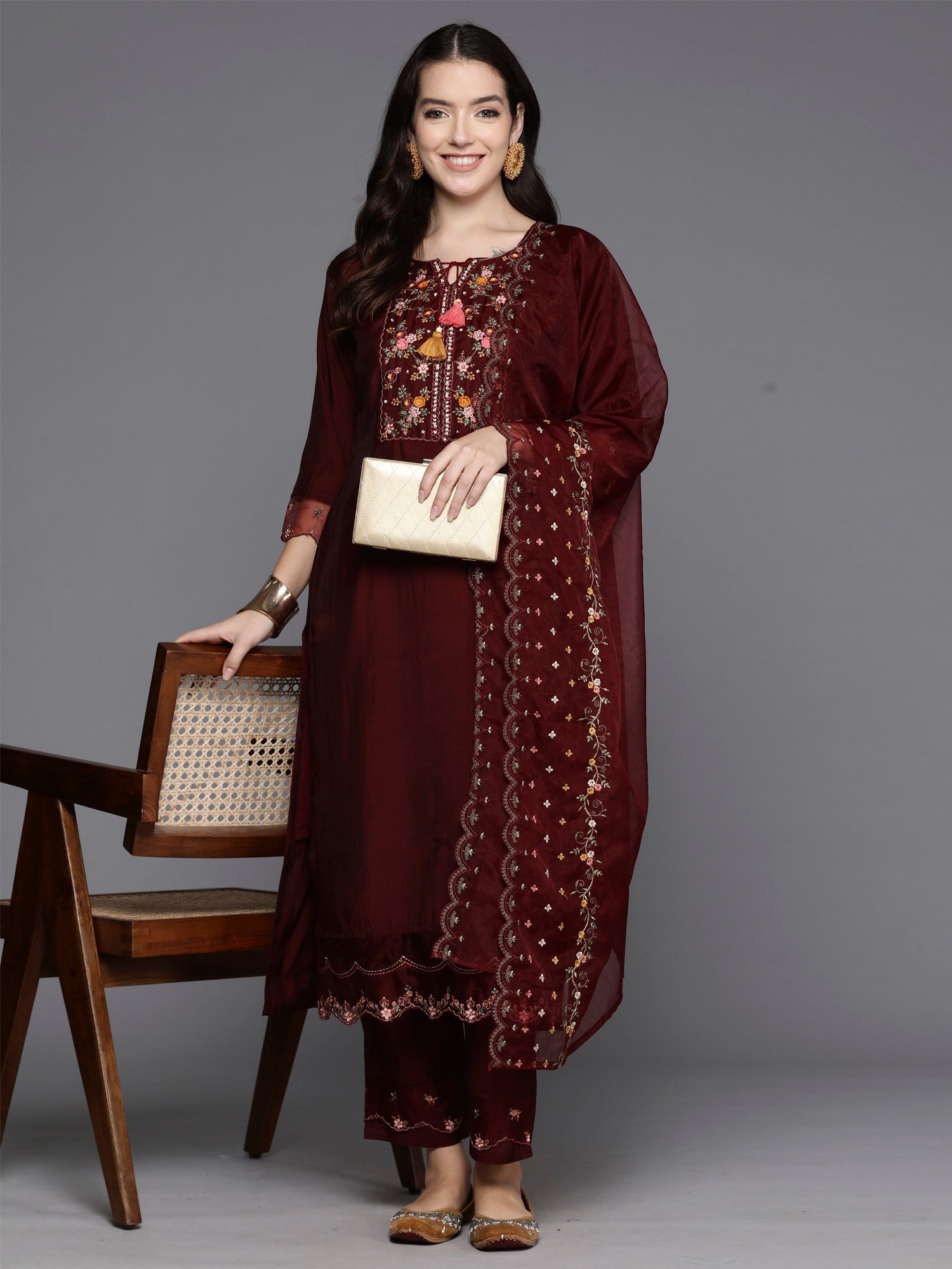 Indo Era Maroon Embroidered A-Line Kurta Trousers With Dupatta Set | Grocsy