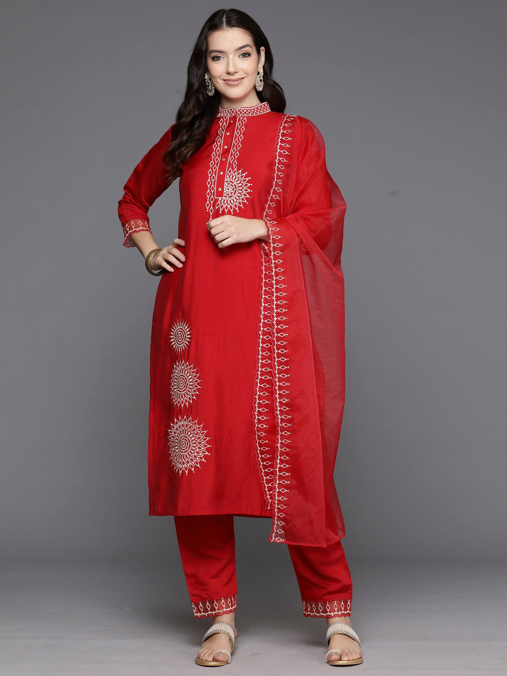 Indo Era Red Embroidered Straight Kurta Trousers With Dupatta Set | Grocsy