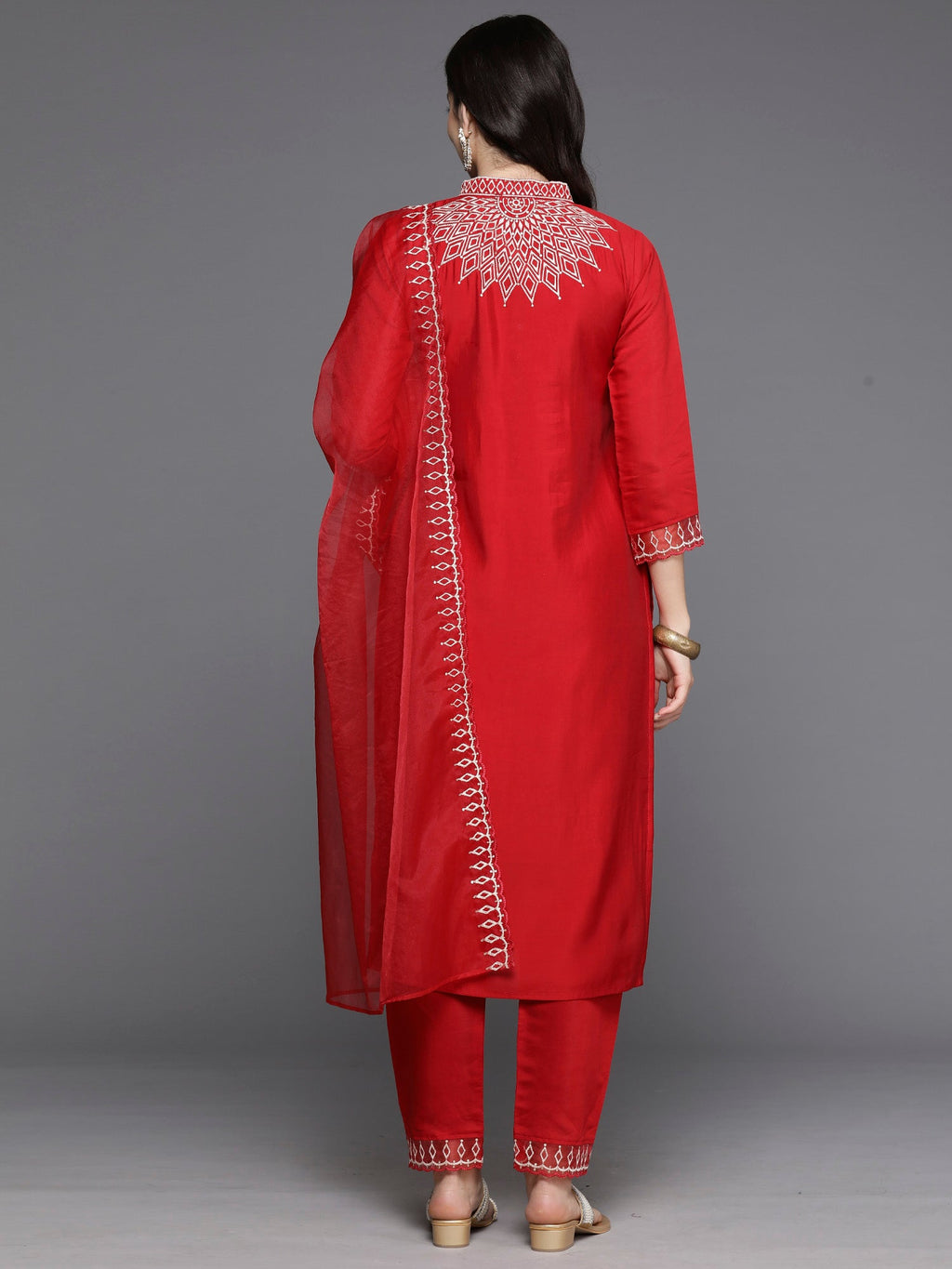 Indo Era Red Embroidered Straight Kurta Trousers With Dupatta Set | Grocsy