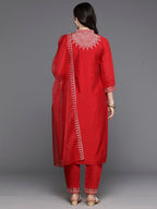 Indo Era Red Embroidered Straight Kurta Trousers With Dupatta Set | Grocsy
