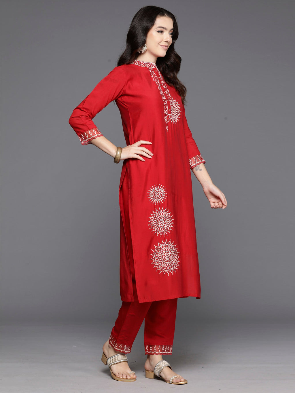 Indo Era Red Embroidered Straight Kurta Trousers With Dupatta Set | Grocsy