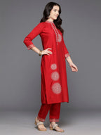 Indo Era Red Embroidered Straight Kurta Trousers With Dupatta Set | Grocsy