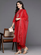 Indo Era Red Embroidered Straight Kurta Trousers With Dupatta Set | Grocsy