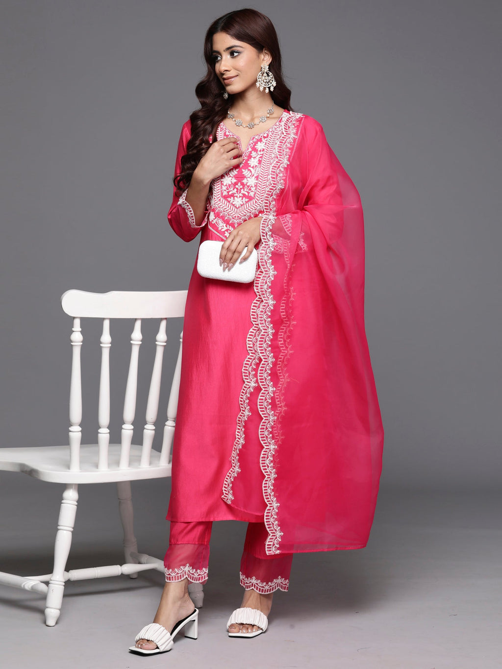Indo Era Pink Embroidered Straight Kurta Trousers With Dupatta Set | Grocsy