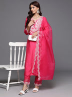 Indo Era Pink Embroidered Straight Kurta Trousers With Dupatta Set | Grocsy