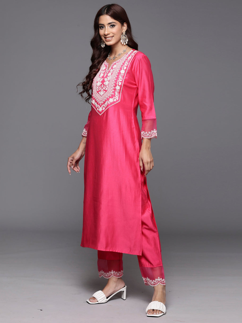 Indo Era Pink Embroidered Straight Kurta Trousers With Dupatta Set | Grocsy