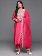 Indo Era Pink Embroidered Straight Kurta Trousers With Dupatta Set | Grocsy