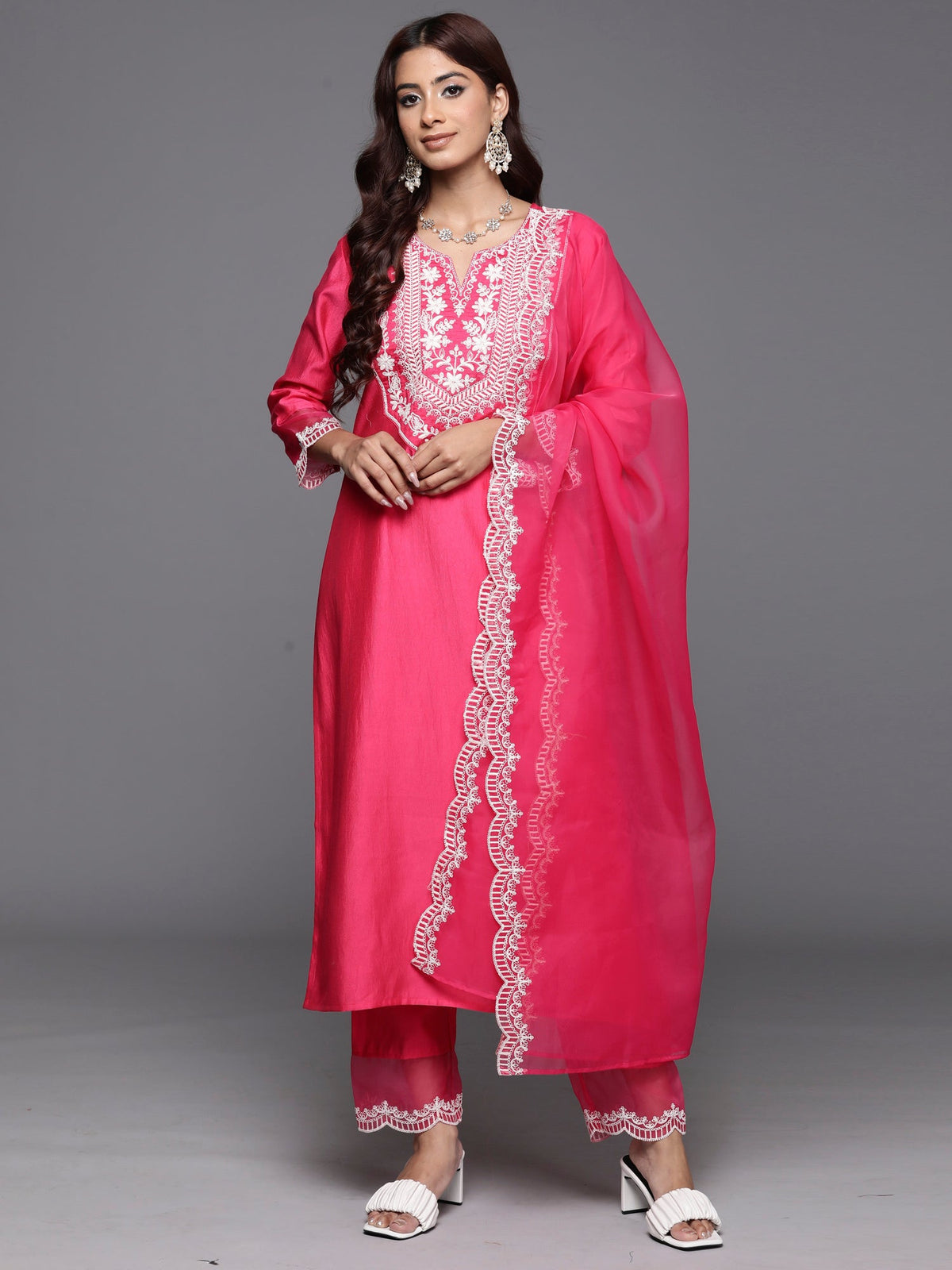 Indo Era Pink Embroidered Straight Kurta Trousers With Dupatta Set | Grocsy