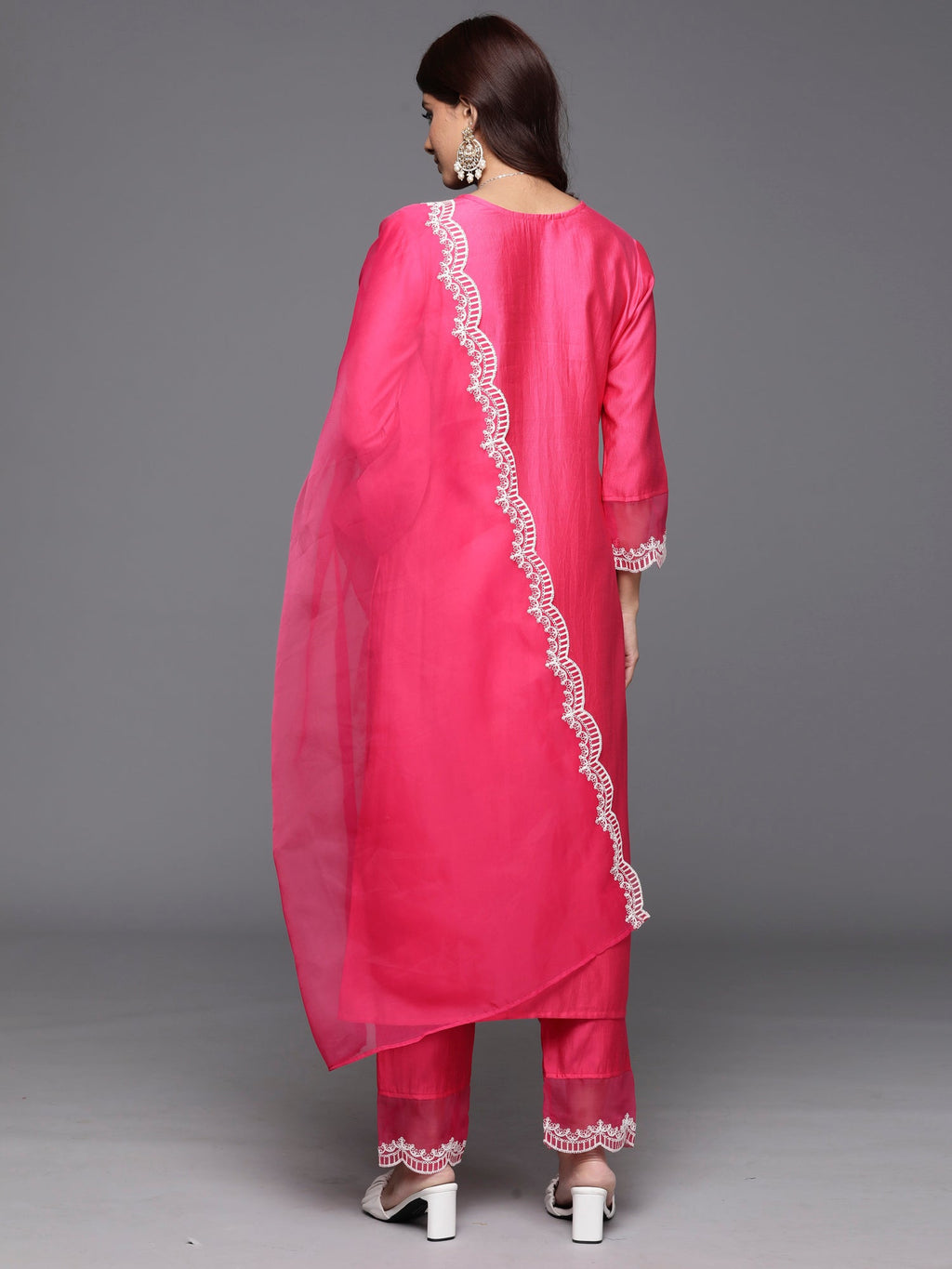 Indo Era Pink Embroidered Straight Kurta Trousers With Dupatta Set | Grocsy