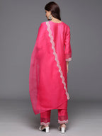 Indo Era Pink Embroidered Straight Kurta Trousers With Dupatta Set | Grocsy