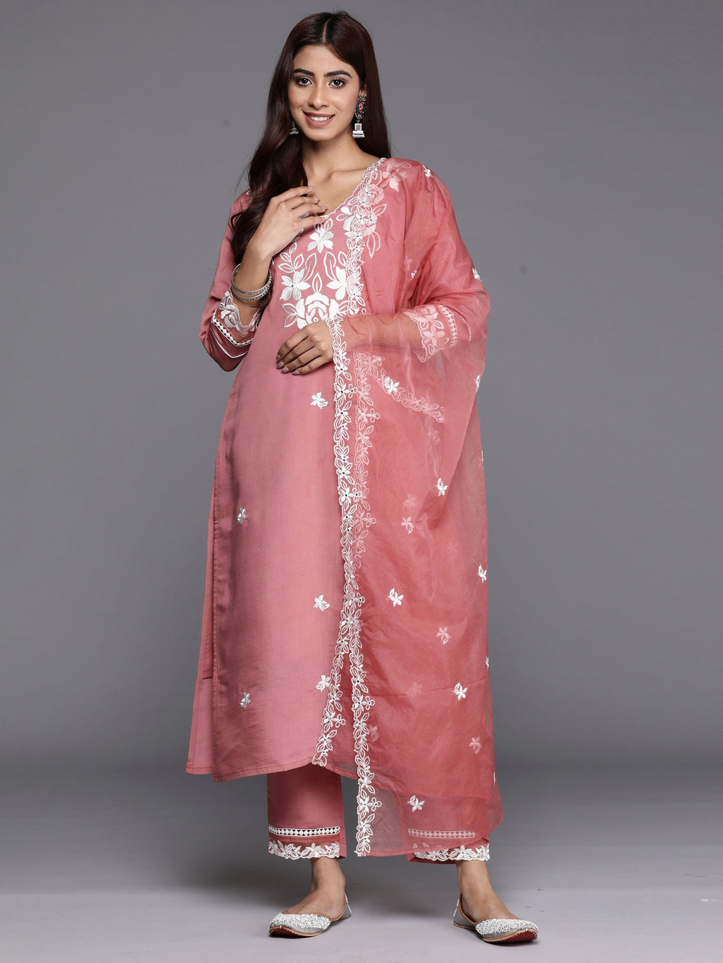Indo Era Rust Embroidered Straight Kurta Trousers With Dupatta set | Grocsy