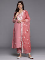 Indo Era Rust Embroidered Straight Kurta Trousers With Dupatta set | Grocsy