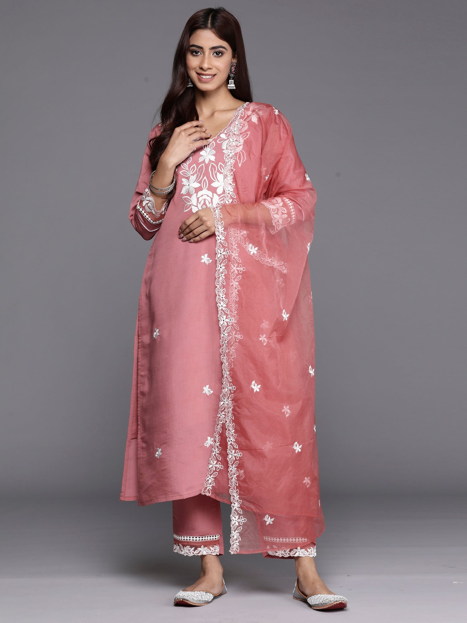 Indo Era Rust Embroidered Straight Kurta Trousers With Dupatta set | Grocsy