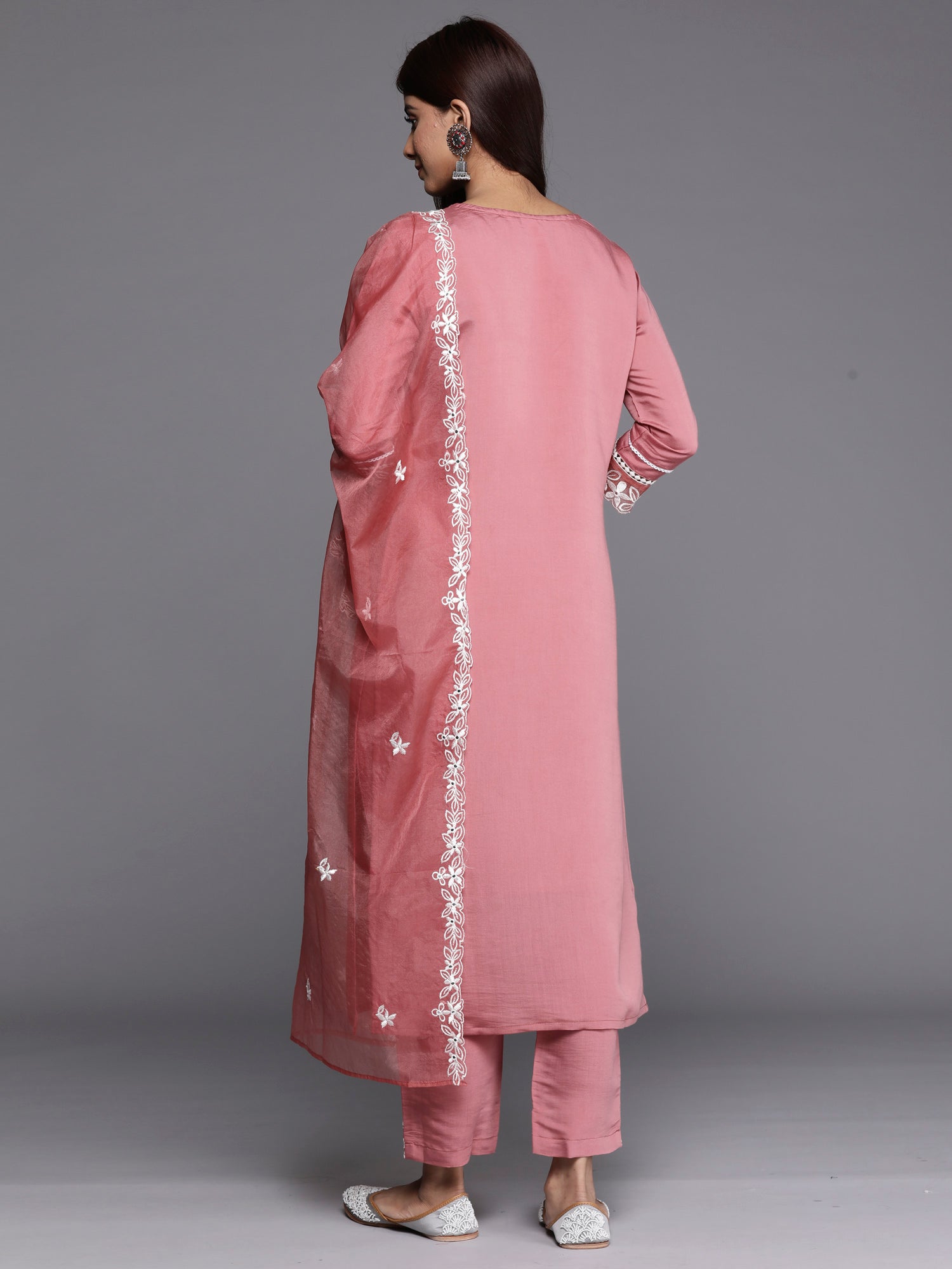 Indo Era Rust Embroidered Straight Kurta Trousers With Dupatta set | Grocsy