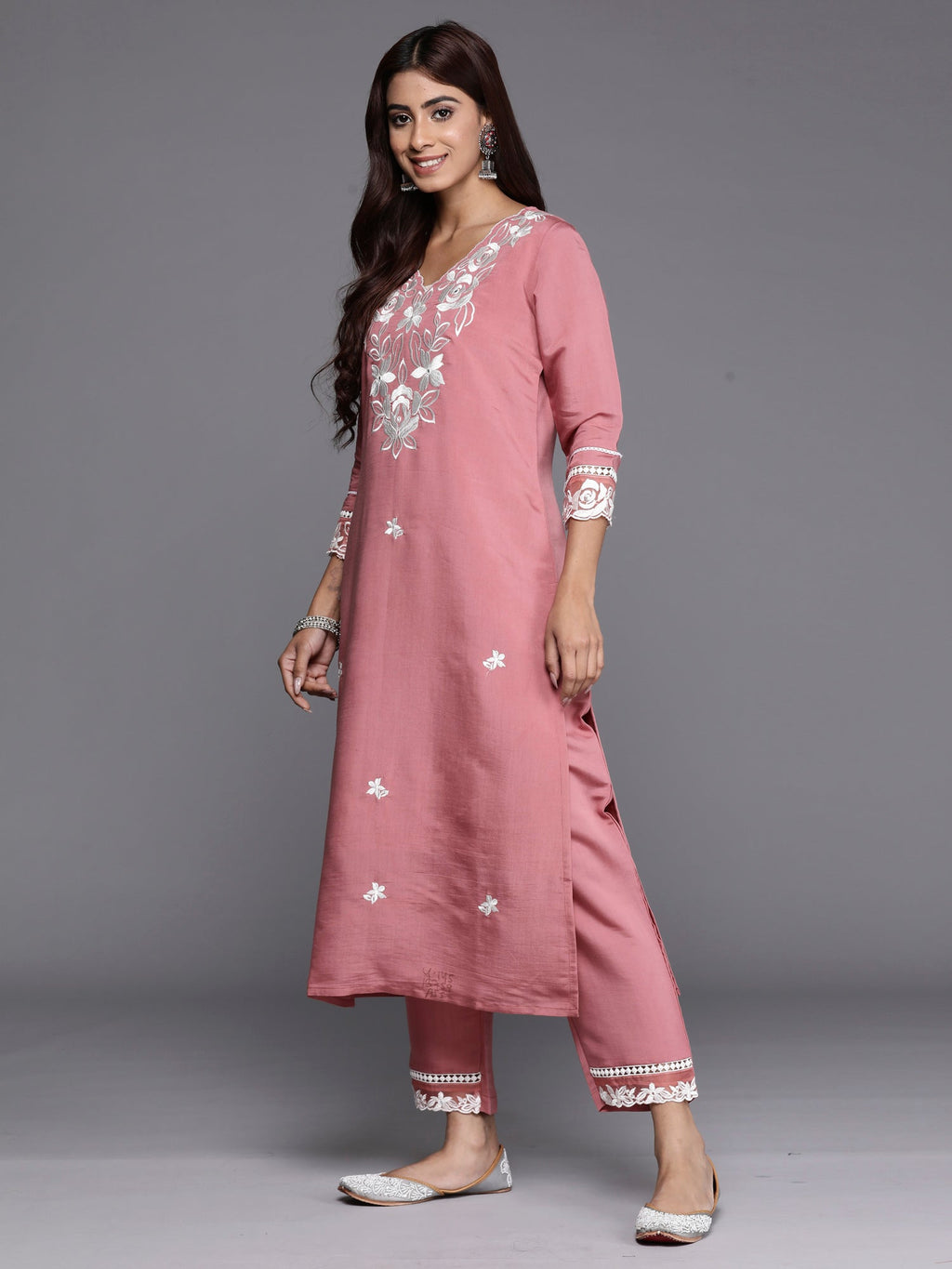 Indo Era Rust Embroidered Straight Kurta Trousers With Dupatta set | Grocsy