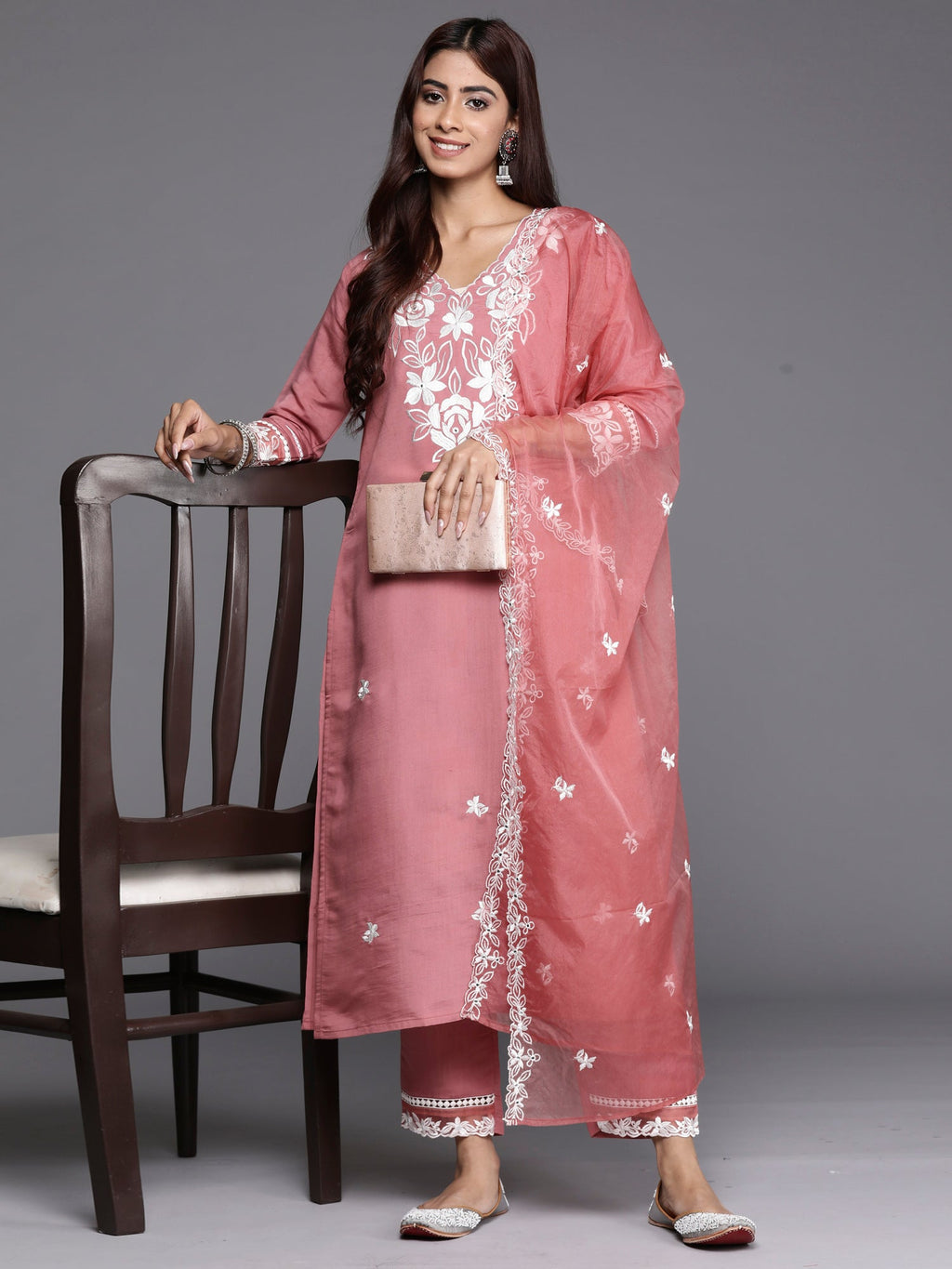 Indo Era Rust Embroidered Straight Kurta Trousers With Dupatta set | Grocsy