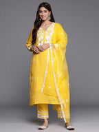 Indo Era Yellow Embroidered Straight Kurta Trousers With Dupatta set | Grocsy