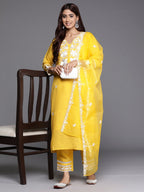 Indo Era Yellow Embroidered Straight Kurta Trousers With Dupatta set | Grocsy
