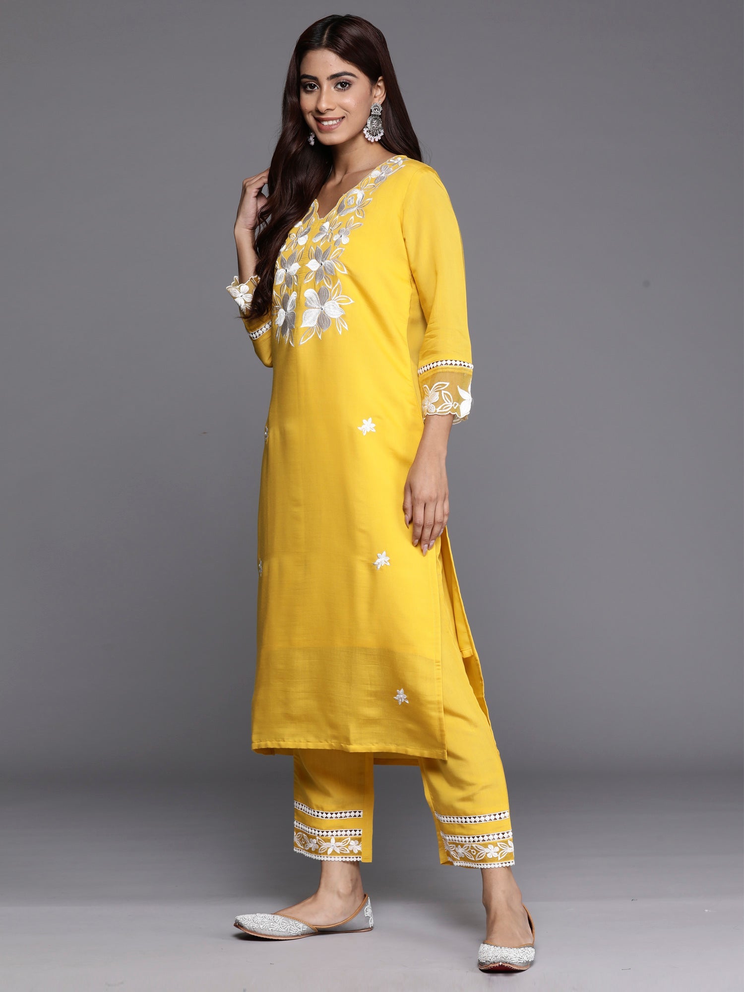 Indo Era Yellow Embroidered Straight Kurta Trousers With Dupatta set | Grocsy