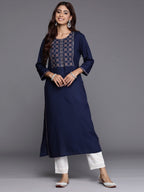 Indo Era Navy Blue Embroidered Straight Kurta | Grocsy