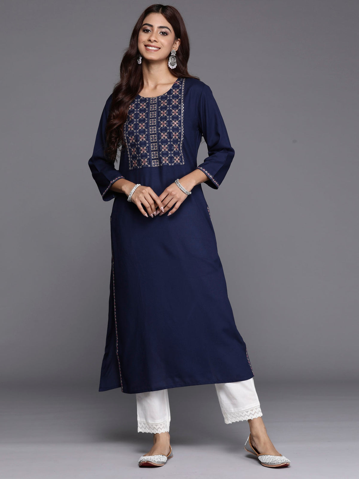 Indo Era Navy Blue Embroidered Straight Kurta | Grocsy