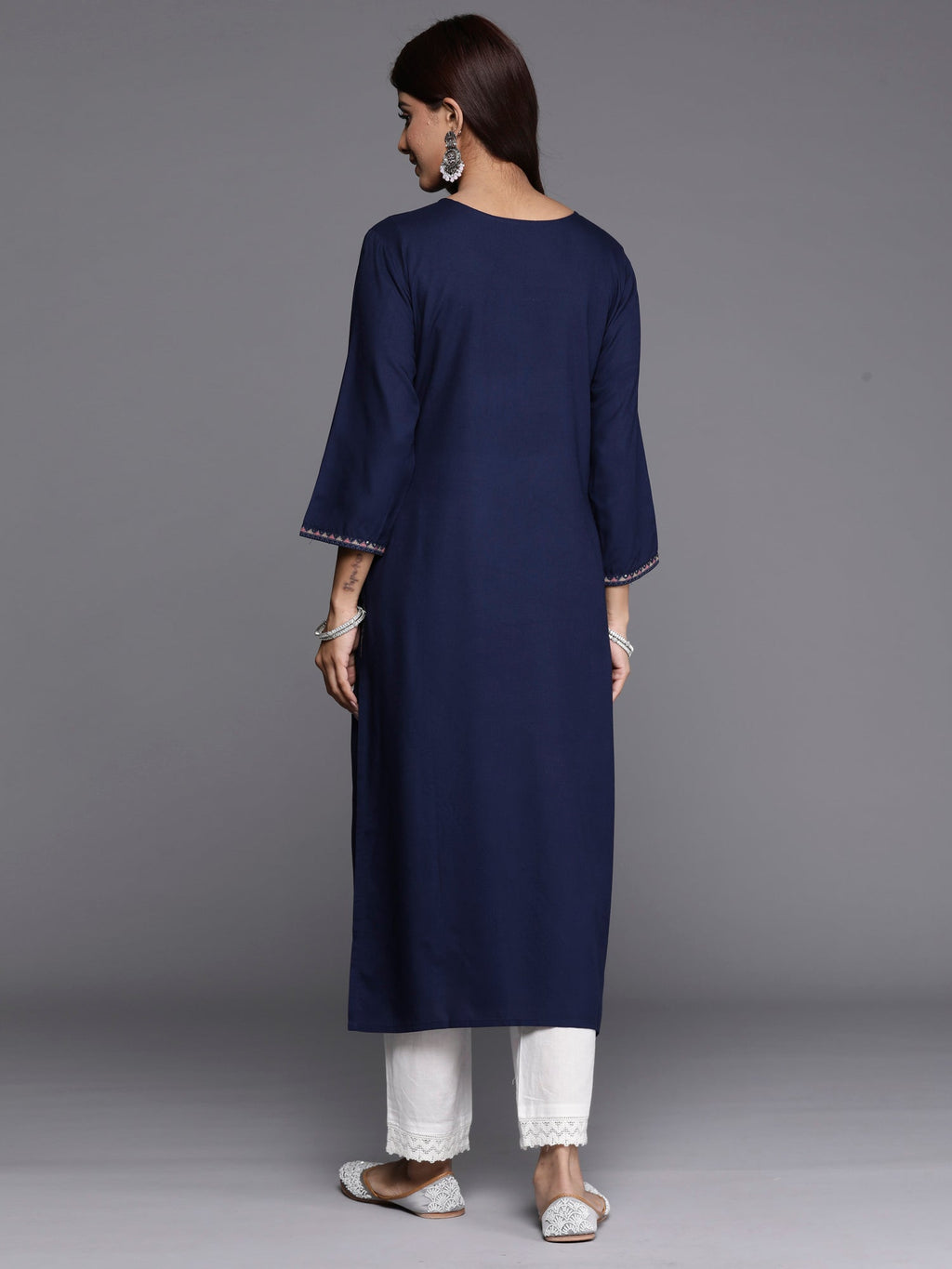 Indo Era Navy Blue Embroidered Straight Kurta | Grocsy
