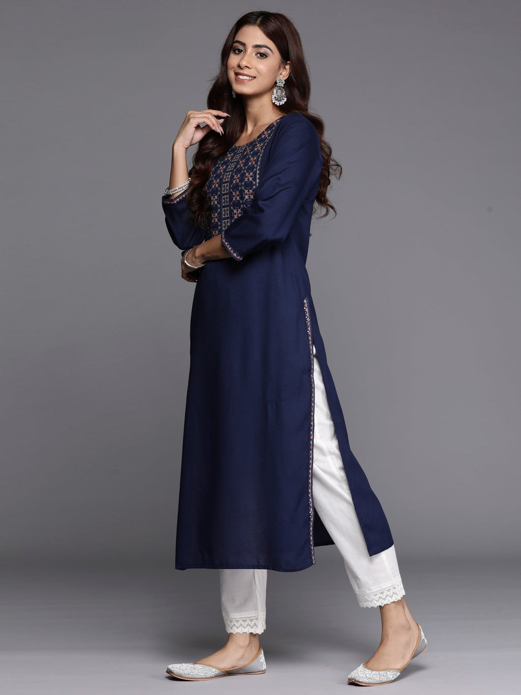 Indo Era Navy Blue Embroidered Straight Kurta | Grocsy