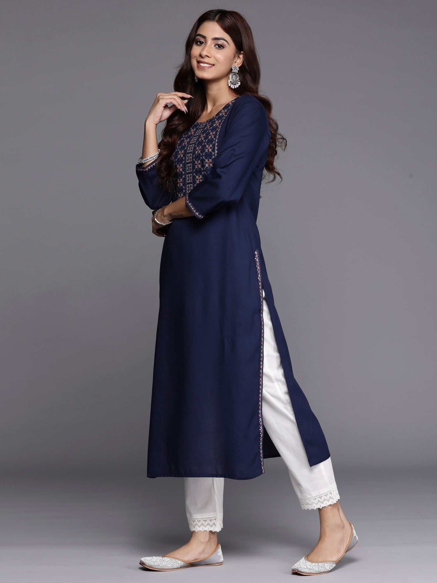 Indo Era Navy Blue Embroidered Straight Kurta | Grocsy