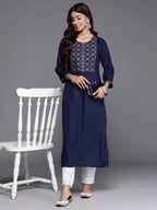 Indo Era Navy Blue Embroidered Straight Kurta | Grocsy