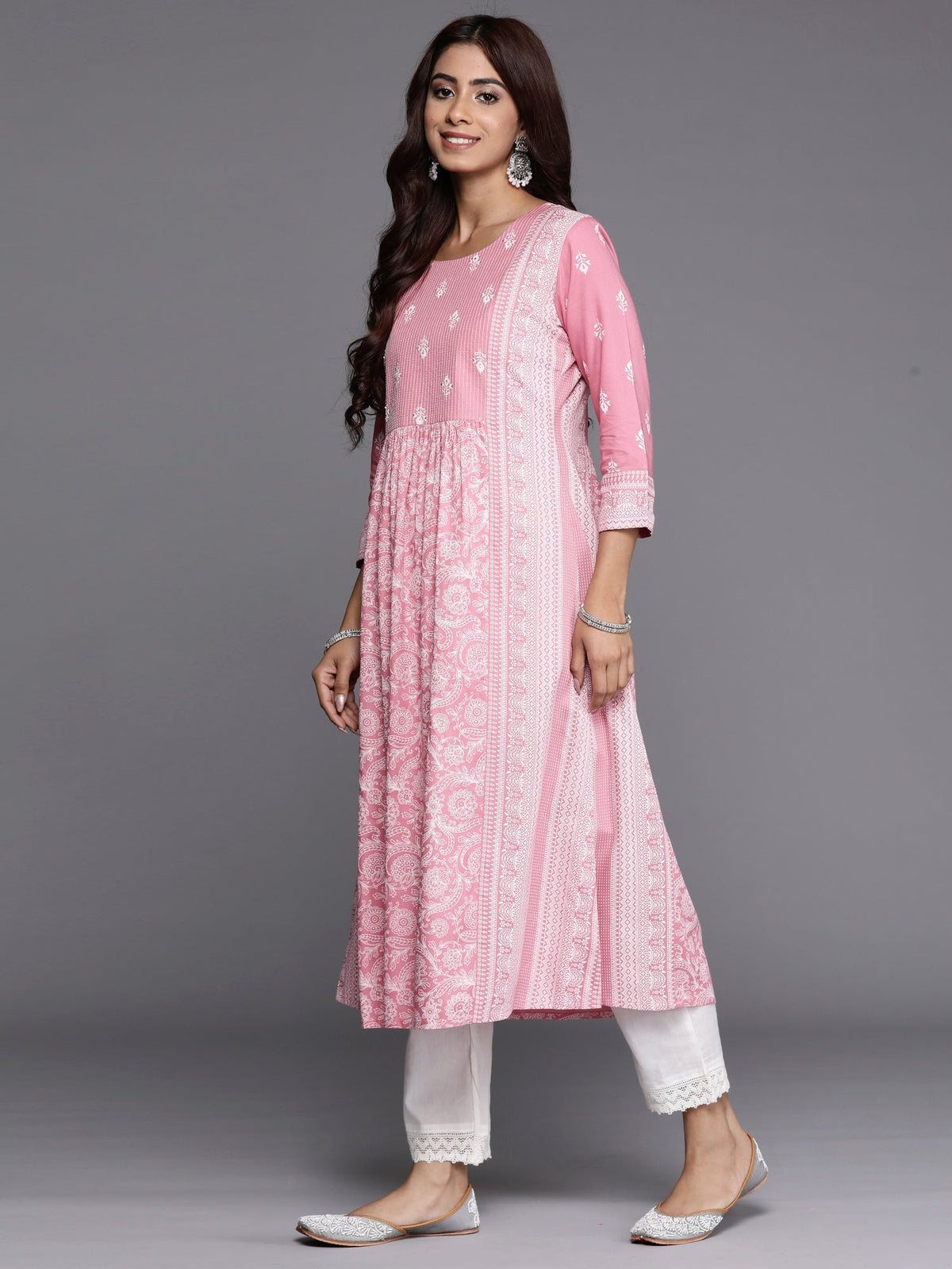 Indo Era Pink Printed A-Line Kurta | Grocsy
