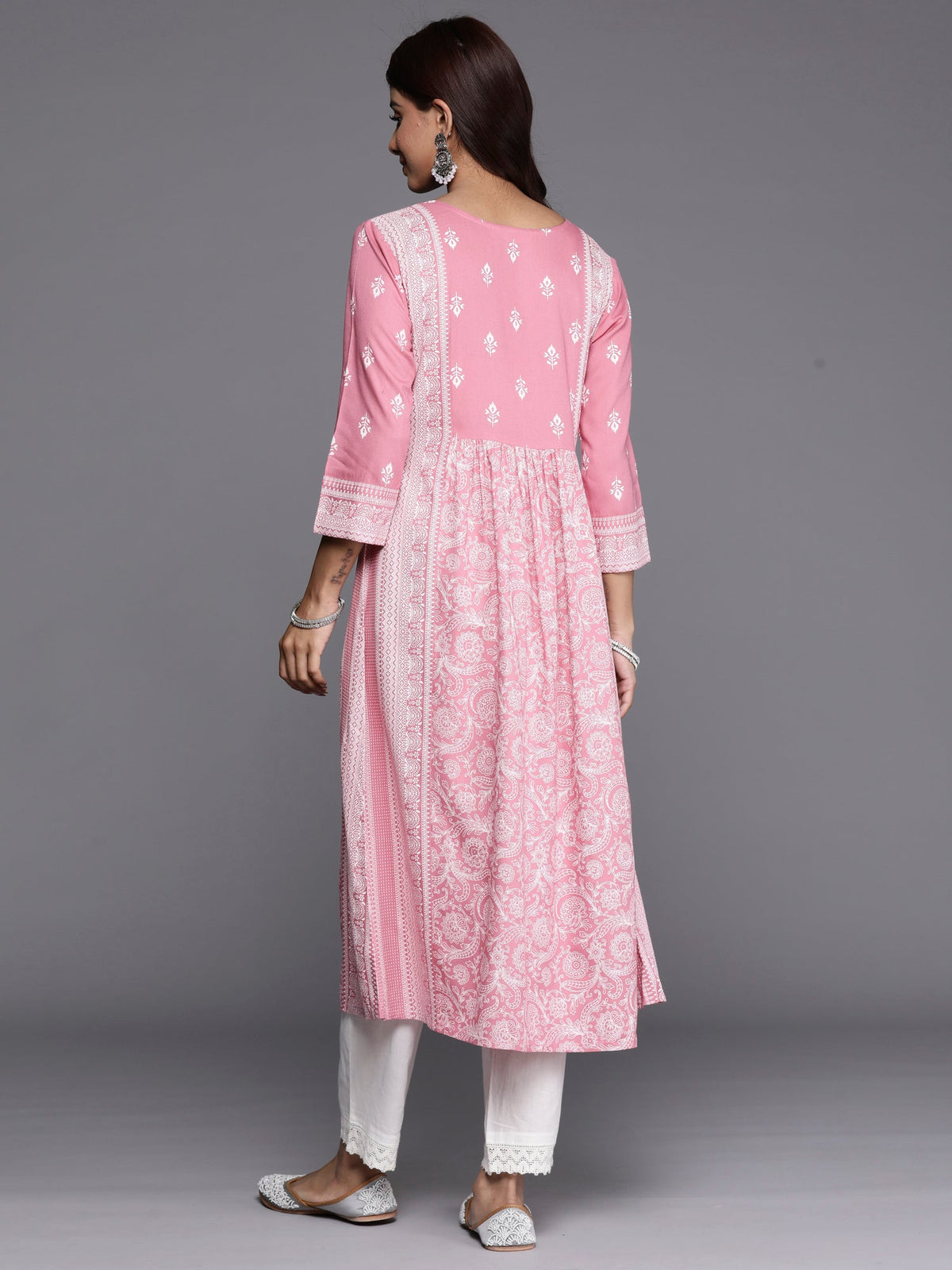 Indo Era Pink Printed A-Line Kurta | Grocsy