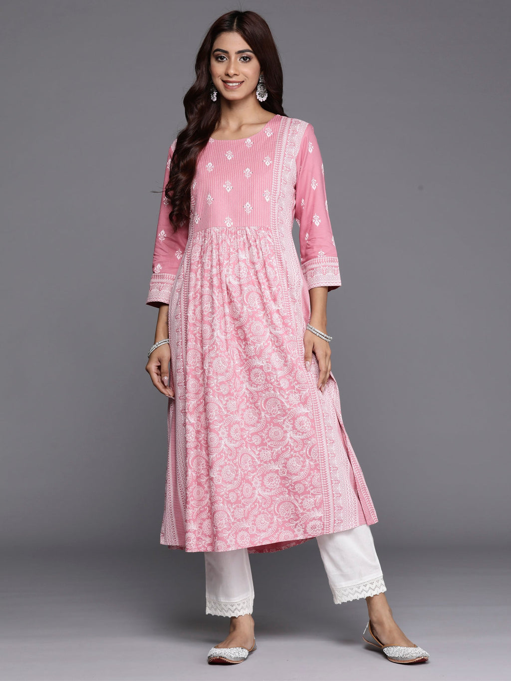 Indo Era Pink Printed A-Line Kurta | Grocsy