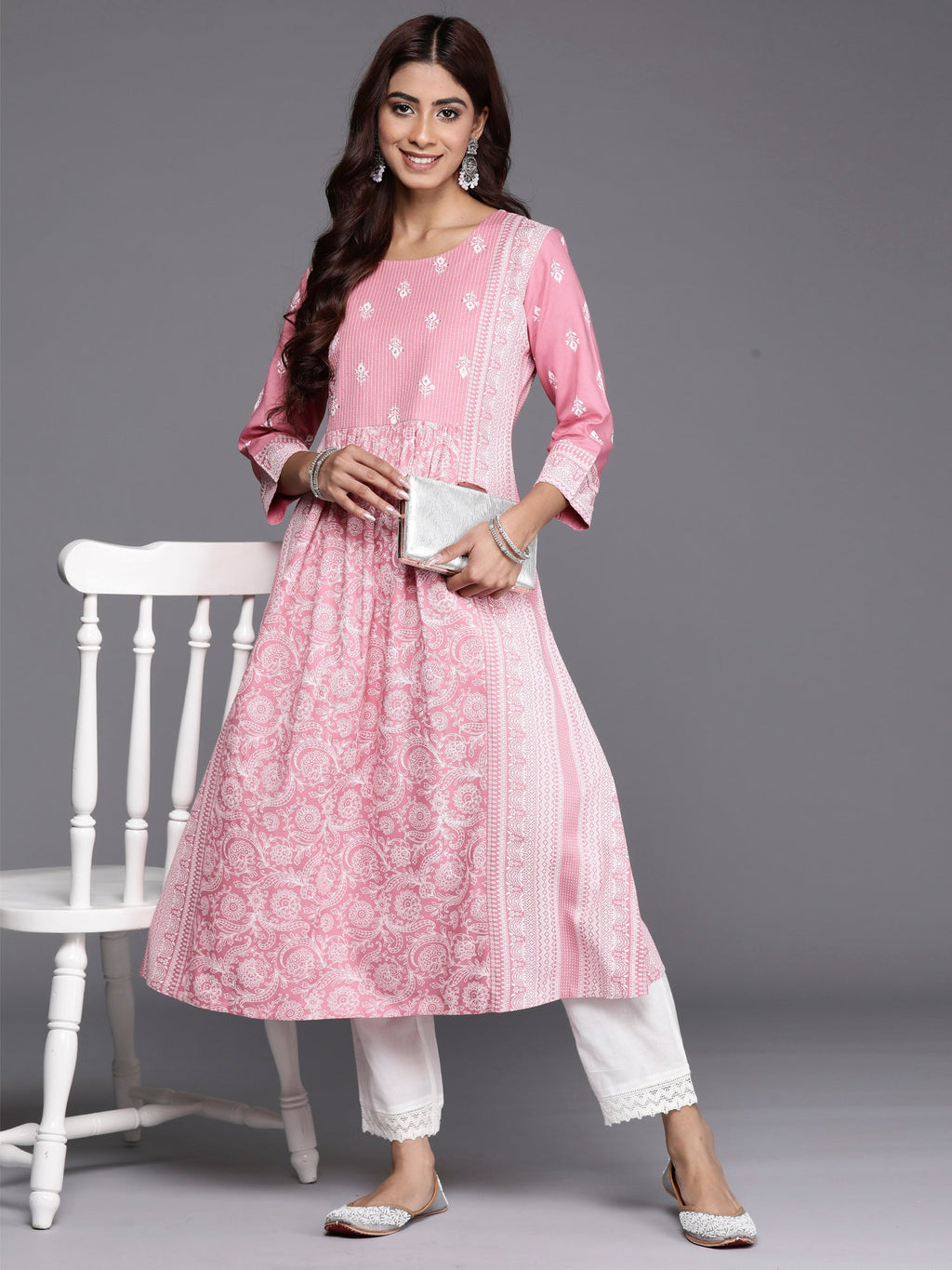 Indo Era Pink Printed A-Line Kurta | Grocsy