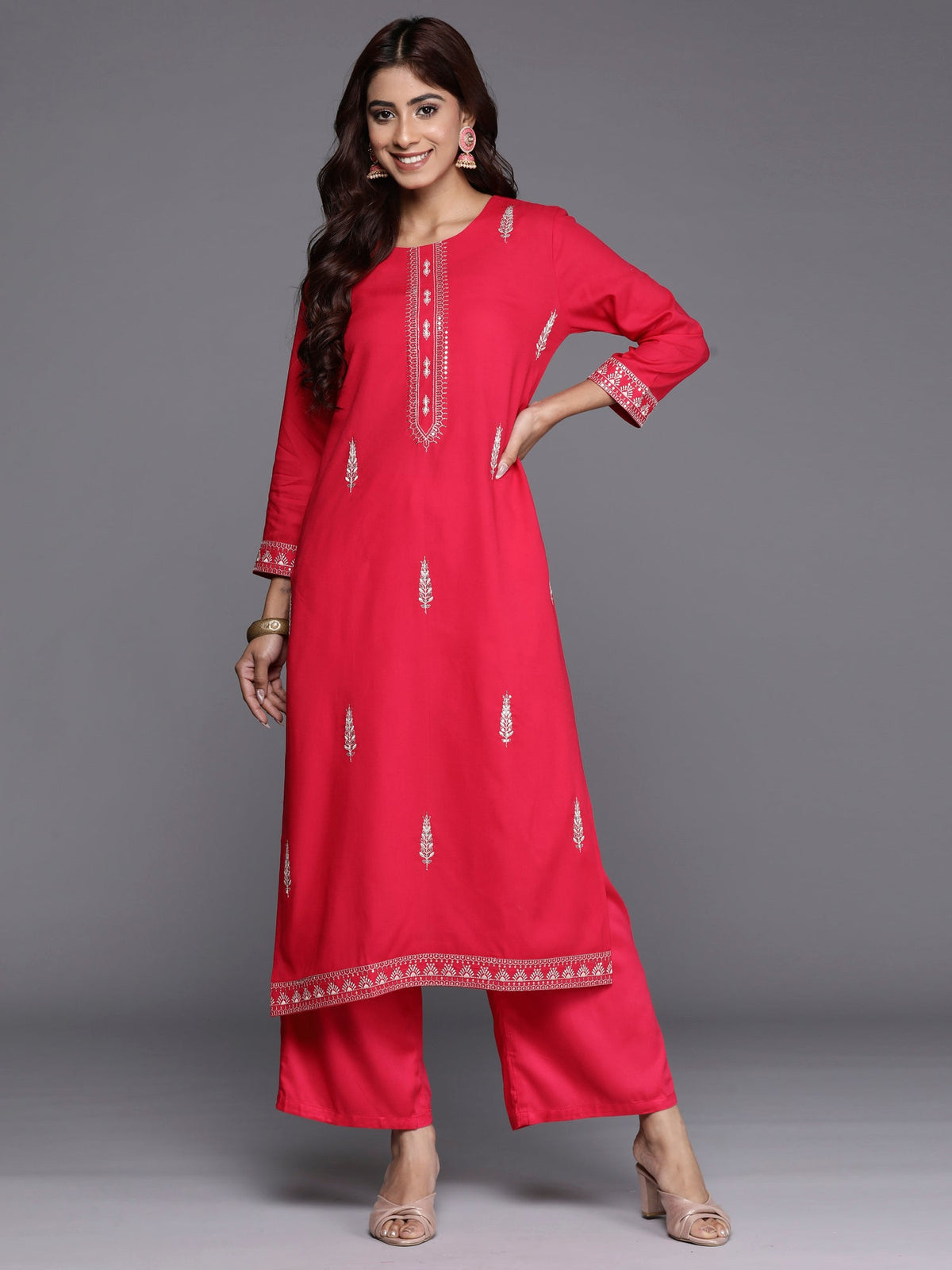 Indo Era Magenta Embroidered Straight Kurta | Grocsy