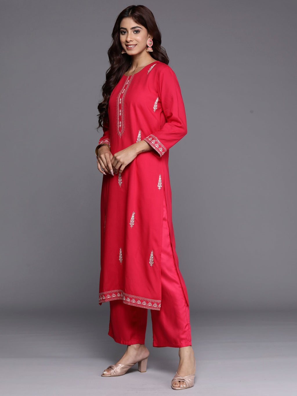 Indo Era Magenta Embroidered Straight Kurta | Grocsy