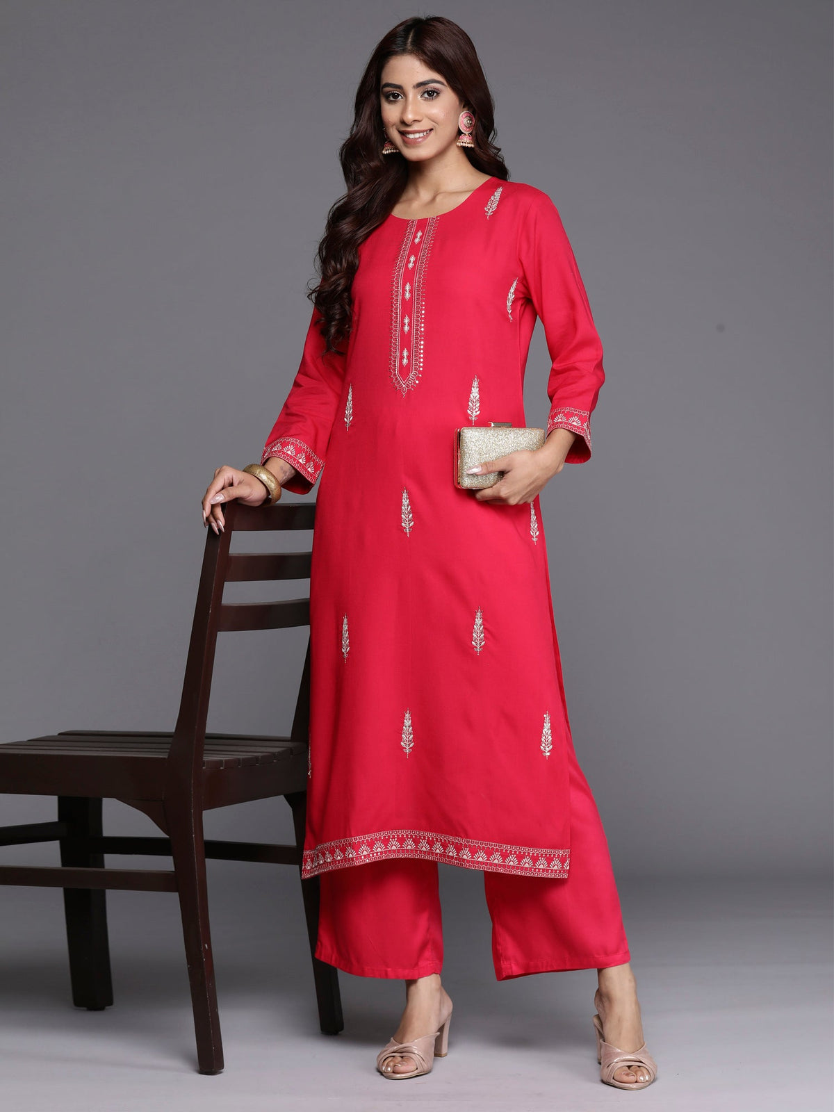 Indo Era Magenta Embroidered Straight Kurta | Grocsy