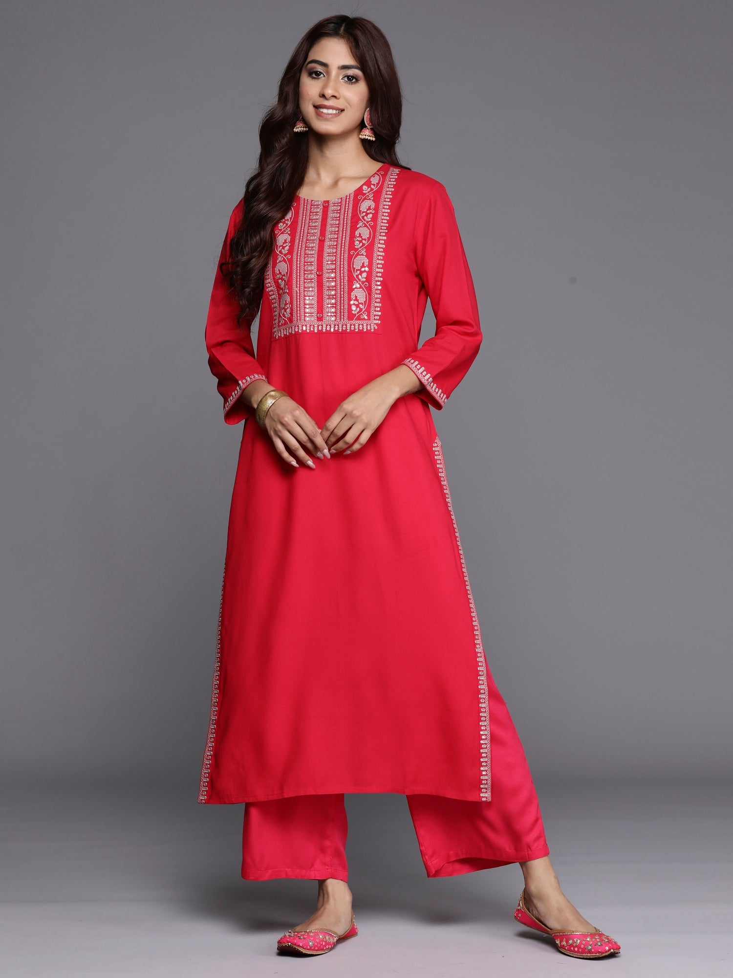 Indo Era Magenta Embroidered Straight Kurta | Grocsy