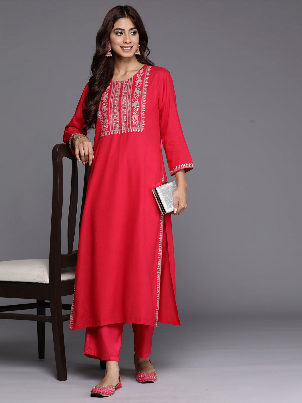 Indo Era Magenta Embroidered Straight Kurta | Grocsy