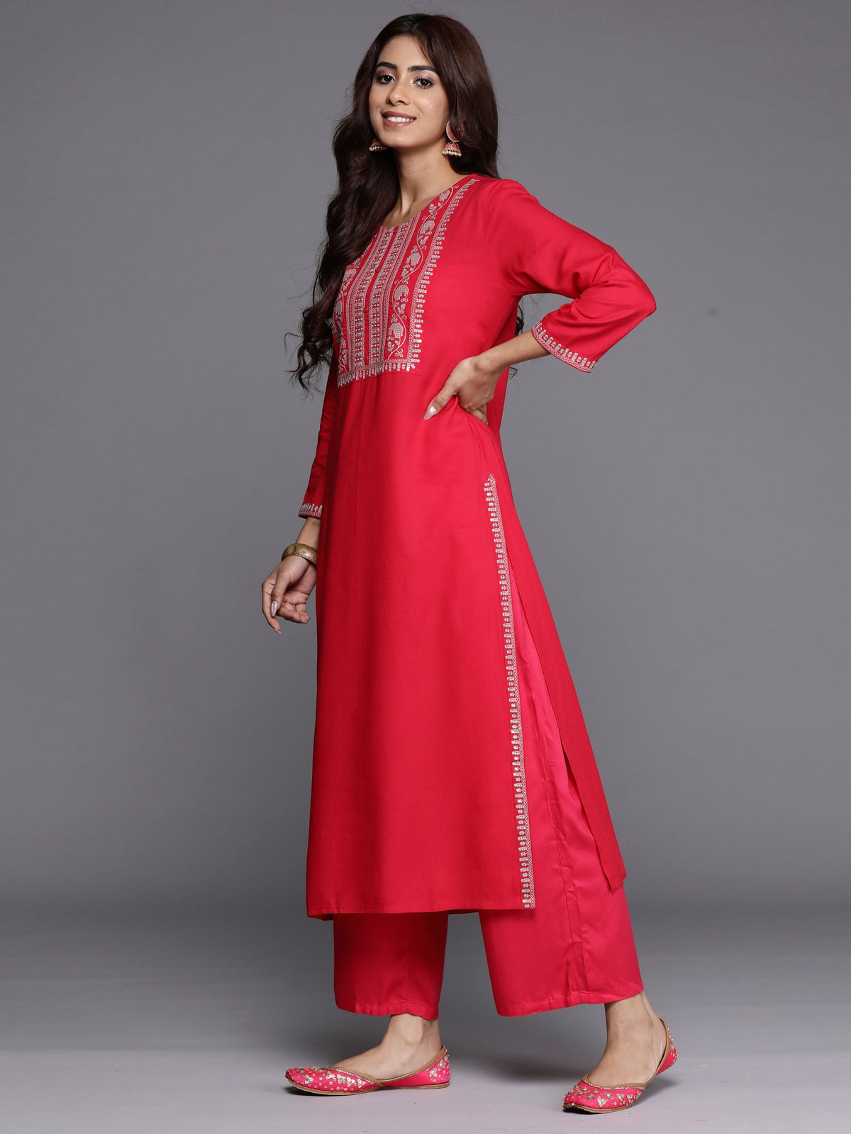 Indo Era Magenta Embroidered Straight Kurta | Grocsy
