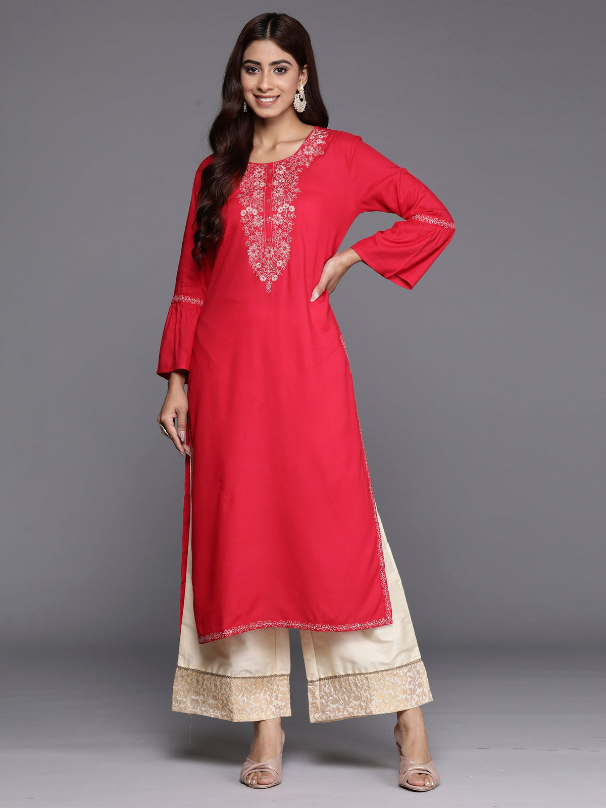 Indo Era Magenta Embroidered Straight Kurta | Grocsy