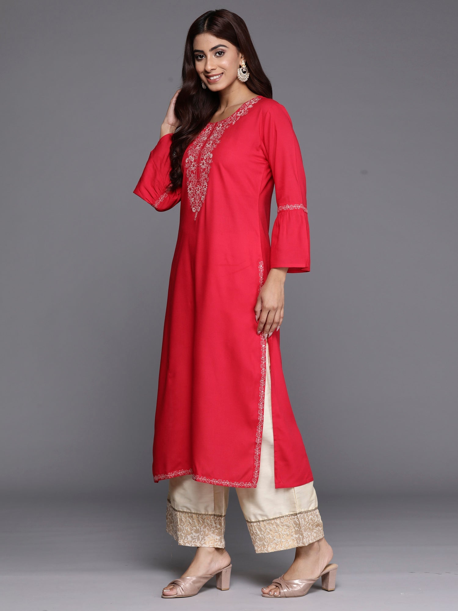 Indo Era Magenta Embroidered Straight Kurta | Grocsy