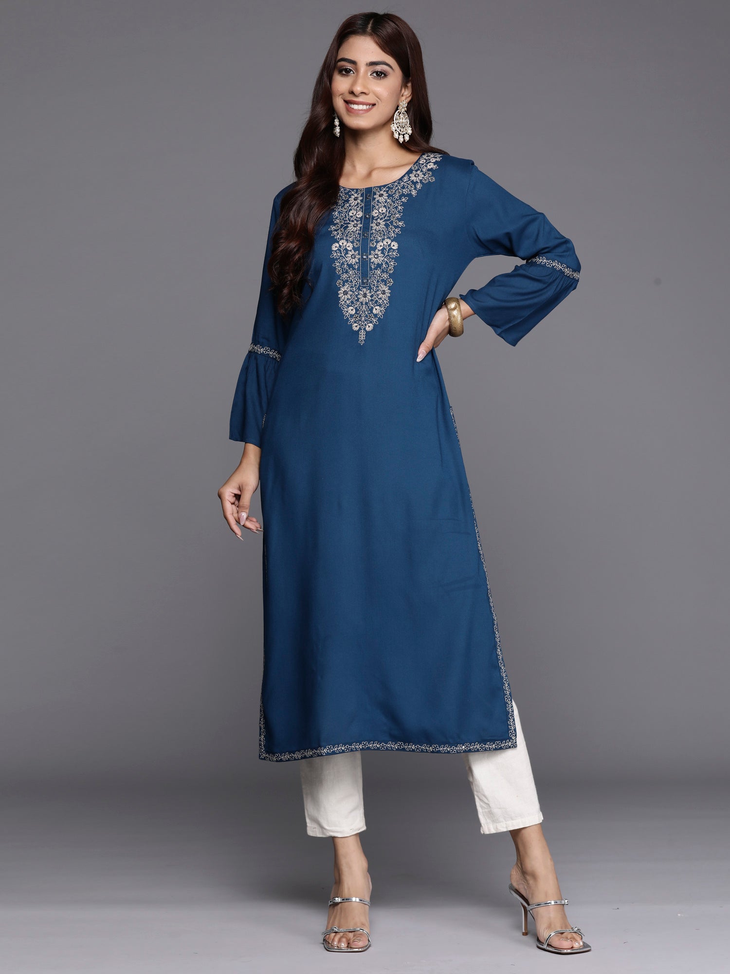 Indo Era Teal Embroidered Straight Kurta | Grocsy