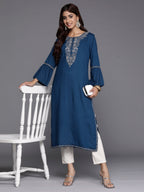Indo Era Teal Embroidered Straight Kurta | Grocsy