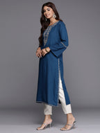 Indo Era Teal Embroidered Straight Kurta | Grocsy