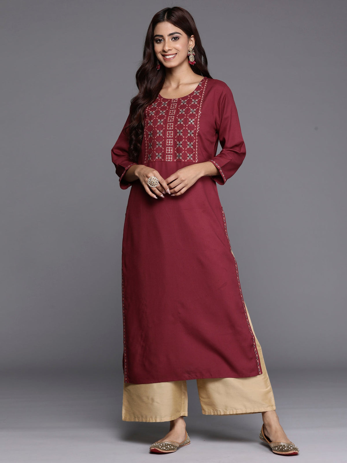 Indo Era Burgundy Embroidered Straight Kurta | Grocsy
