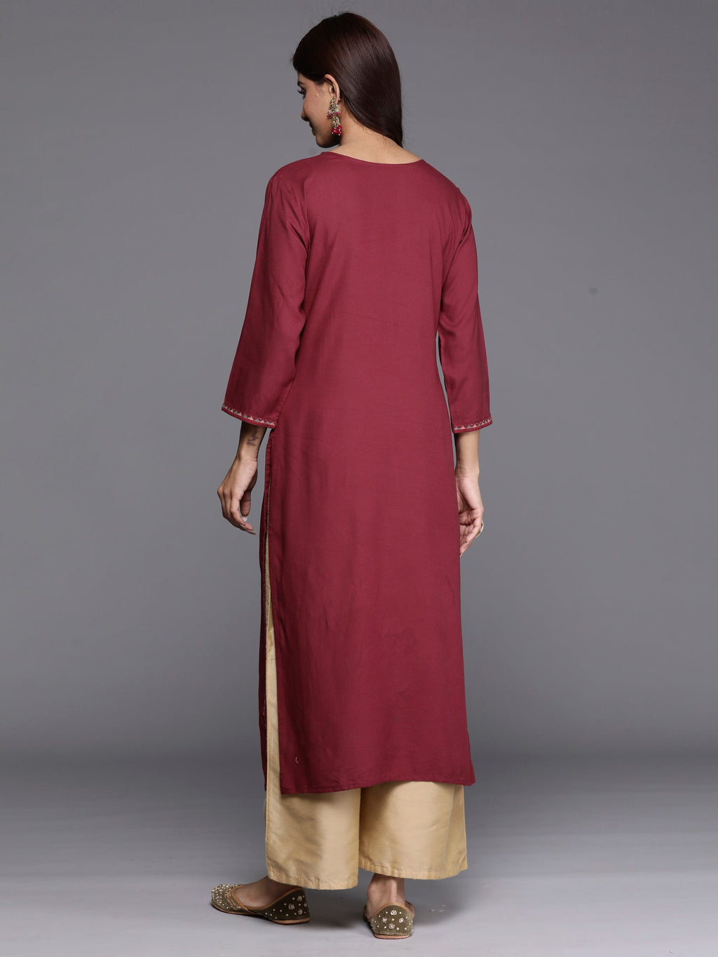 Indo Era Burgundy Embroidered Straight Kurta | Grocsy